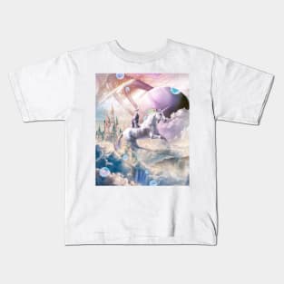 Rainbow Galaxy Cat Riding Unicorn In Space Kids T-Shirt